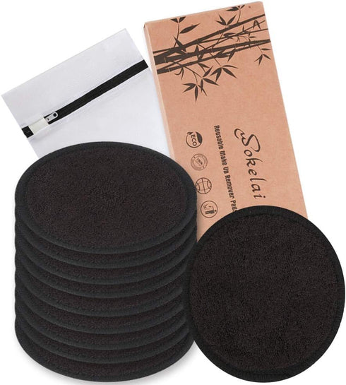 Reusable Makeup Remover Pads Black Washable - 10 Pack Organic Cotton Rounds for Facial Cleansing