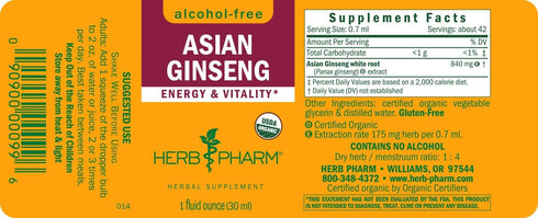 Herb Pharm Asian Ginseng Liquid Glycerite, Alcohol-Free, 1 Ounce for Energy and Stamina