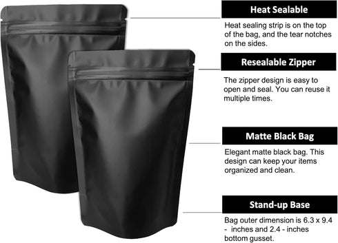 100 Pack Matte Black Mylar Stand Up Bags - 6.3x9.4 Inches Smell Proof Resealable Pouch for Food Storage