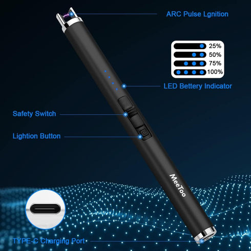 MeeToo Candle Lighter Electric Rechargeable USB Type-C Lighters for BBQ Camping Fireworks (Black)
