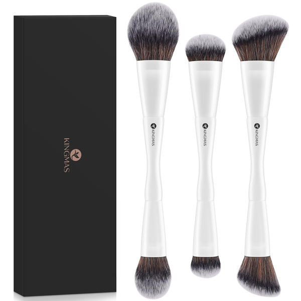 KINGMAS 3Pcs Foundation Makeup Brush Set, Double-ended Kabuki, Large Foundation, Medium Concealer, Small Contour Brushes