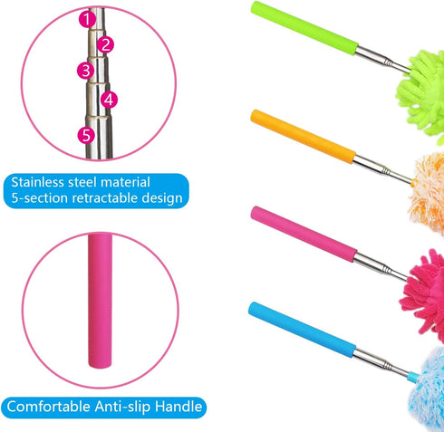4 pcs Microfibre Feather Duster, Extendable 13" to 30", Washable Cleaning Tool for Office, Car, Computer, Furniture,