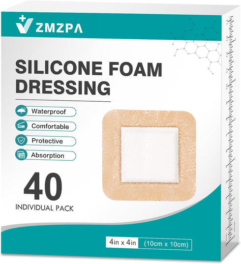 ZMZPA 40Pcs Silicone Foam Dressing 4x4 Gentle Border, Waterproof Silicone Bandages for Wounds