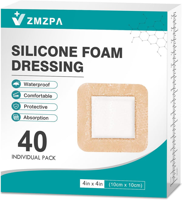 ZMZPA 40Pcs Silicone Foam Dressing 4x4 Gentle Border, Waterproof Silicone Bandages for Wounds