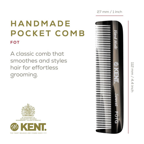 Kent FOT Black Graphite Fine Tooth Comb for Men, Handmade Pocket Comb for Travel, Styling, and Grooming