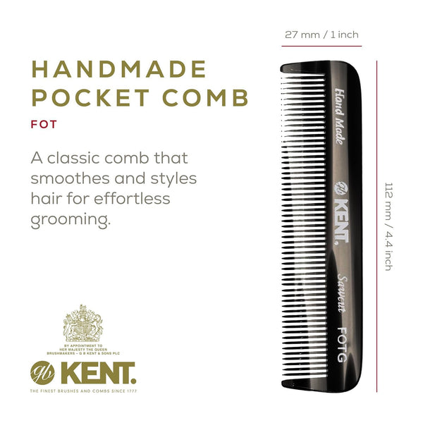 Kent FOT Black Graphite Fine Tooth Comb for Men, Handmade Pocket Comb for Travel, Styling, and Grooming