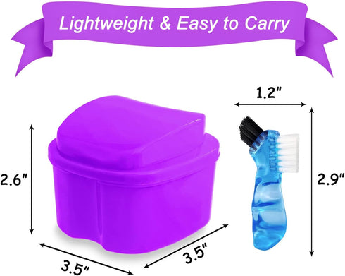 Colorful Denture Bath Case with Brush, Waterproof Storage Case for False Teeth Cleaning - Purple
