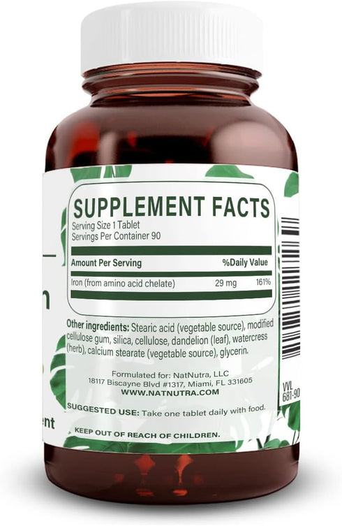 Natural Nutra Chelated Iron Supplement for Men & Women, 90 Tablets for Nails, Skin, Hair Health, Gluten Free