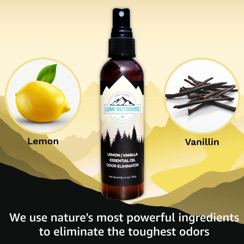 Lumi Outdoors Natural Air Freshener - Lemon Vanilla Odor Eliminating Essential Oil Room Spray