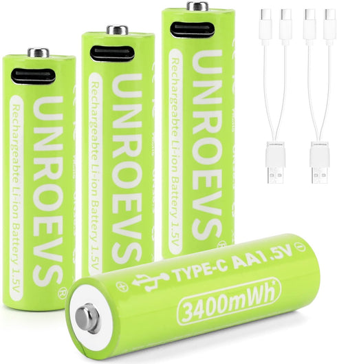 UNROEVS Rechargeable Lithium AA Batteries 4 Packs, 3400mWh 1.5V Rechargeable Double A Battery