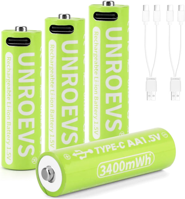 UNROEVS Rechargeable Lithium AA Batteries 4 Packs, 3400mWh 1.5V Rechargeable Double A Battery