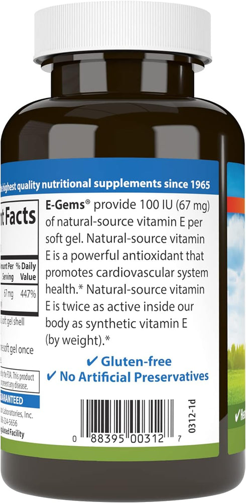 Carlson E-Gems, 100 IU, Heart Health & Optimal Wellness, Antioxidant, 250 Soft Gels