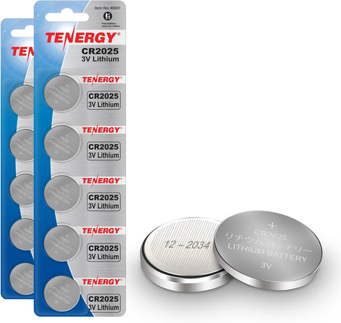 Tenergy CR2025 3V Lithium Button Coin Cell Batteries (10 Pack) for Key Fobs, Watches, and Thermometers