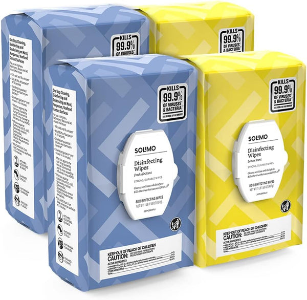 Amazon Brand - Solimo Disinfecting Wipes, Lemon & Fresh Air Scent, 320 Count, 4 Packs of 80