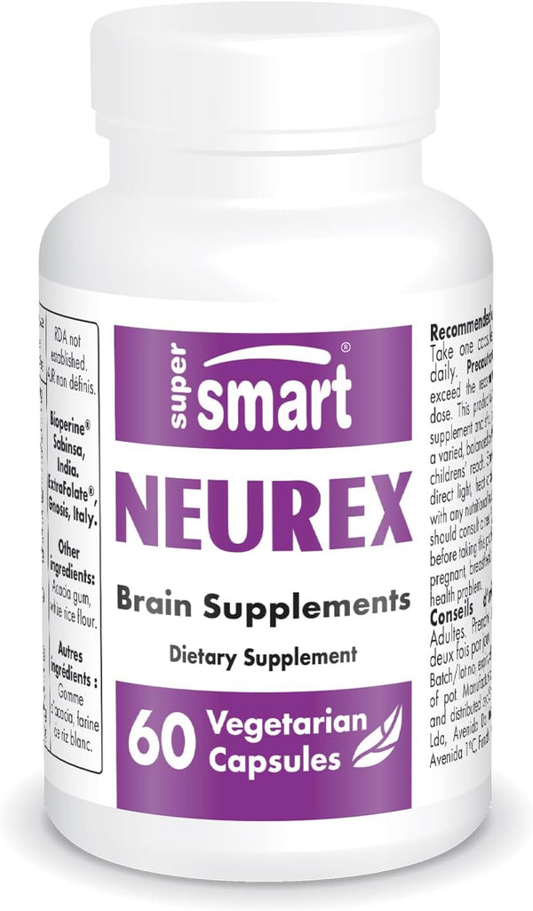 Supersmart Neurex Brain Supplement Formula - Improve Memory & Cognitive Processing, Non-GMO & Gluten Free - 60 Caps