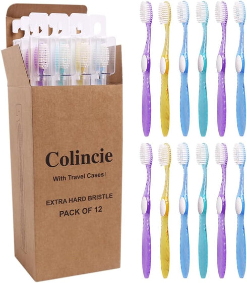Firm Toothbrush - Extra Hard Bristle for Adult Smokers, Multicolor Transparent Travel Kit, 12 Pack