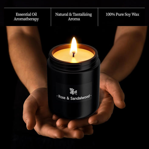 TranquilBliss 7.6oz Rose & Sandalwood Black Scented Candles for Men - Soy Wax Candle for Home Scented - Men Candle