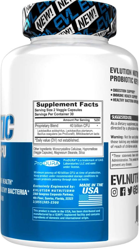 Evlution Nutrition Probiotic, 60 Veggie Capsules, 40 Billion CFUs per Serving, Easy to Swallow Supplement