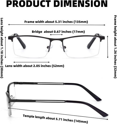 Men's Blue Light Blocking Reading Glasses - Metal Half Frame