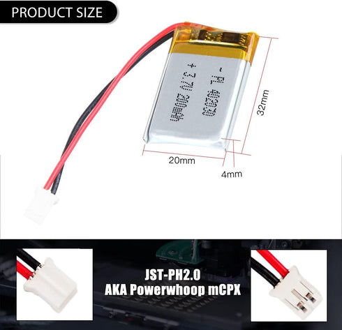 3.7V 180mAh 402030 Lipo Battery Rechargeable Lithium Polymer ion Battery Pack with PH2.0mm JST Connector