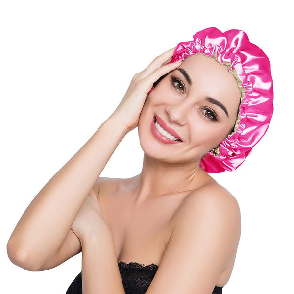 Stain Bonnet Silky Sleep Cap, Adjustable Satin Cap for Night Sleeping, Reversible Double Layer Rose/Beige