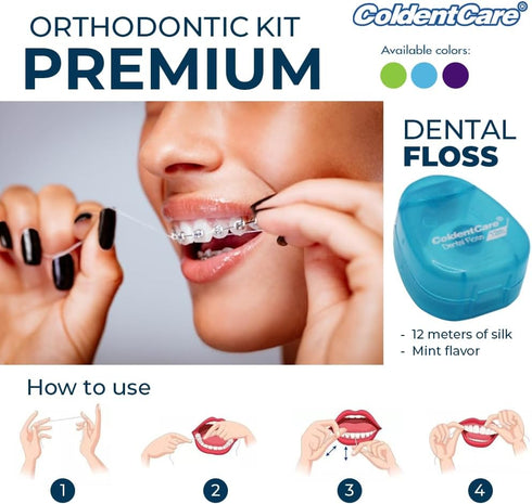 Orthodontic Oral Care Kit for Cleaning Brackets Braces, Includes Toothbrush, Dental Floss, Wax, and Case (Blue)