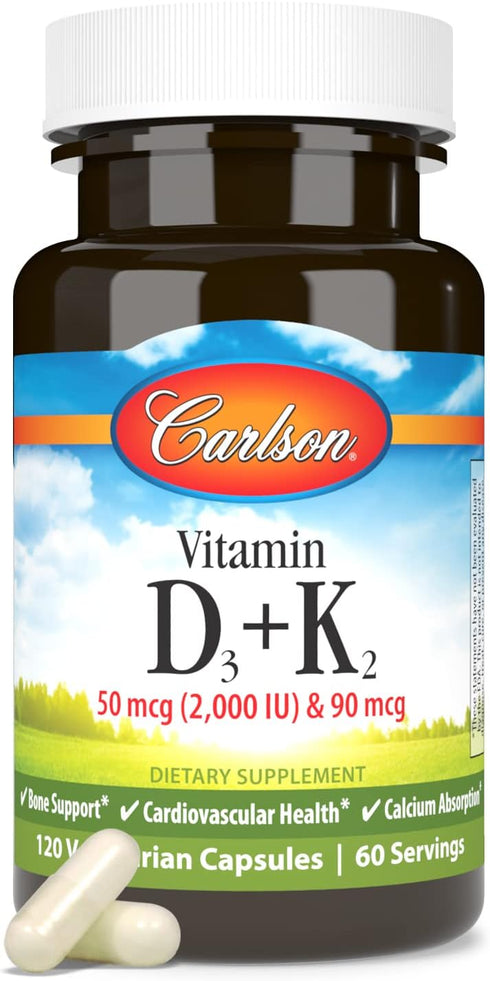 Carlson Vitamin D3 + K2, 50 mcg (2000 IU) Vitamin D3 & 90 mcg Vitamin K2, 120 Capsules