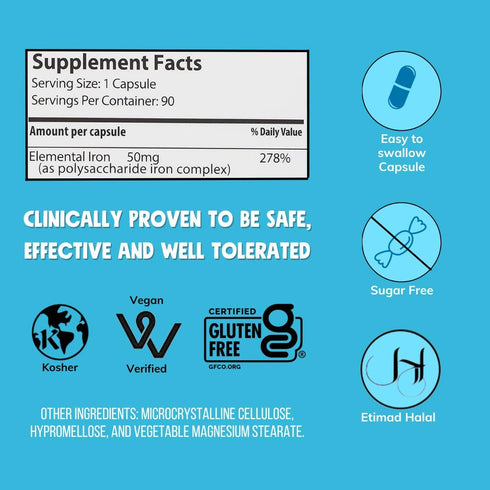 NovaFerrum All Good Iron Capsule Supplements for Adults, 50mg of Iron, 90 Servings, Sugar Free, Vegan, Gluten Free