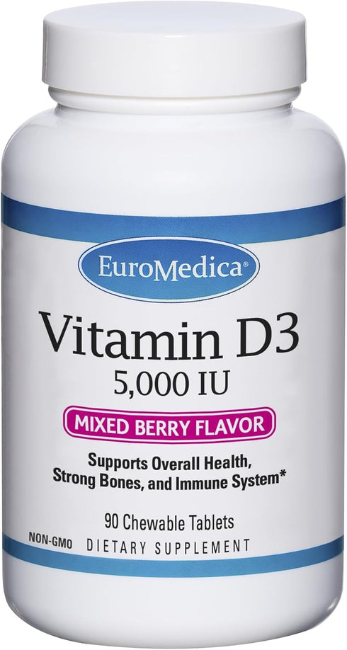 Euromedica Vitamin D3 5000 IU, 90 Chewable Tablets, Mixed Berry Flavor - Supports Strong Bones, Teeth & Immune Function