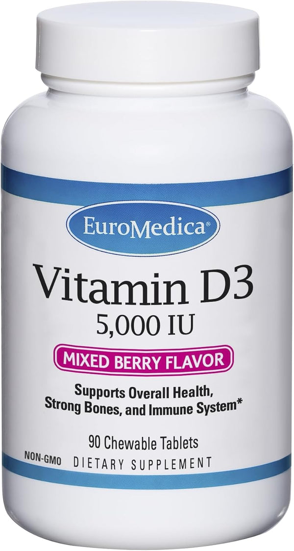 Euromedica Vitamin D3 5000 IU, 90 Chewable Tablets, Mixed Berry Flavor - Supports Strong Bones, Teeth & Immune Function