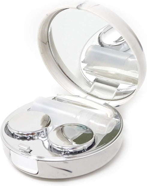 Honbay Fashion Marble Contact Lens Case - Portable Kit with Mirror (Round) (Silver)