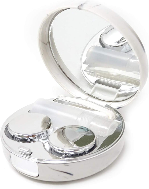 Honbay Fashion Marble Contact Lens Case - Portable Kit with Mirror (Round) (Silver)