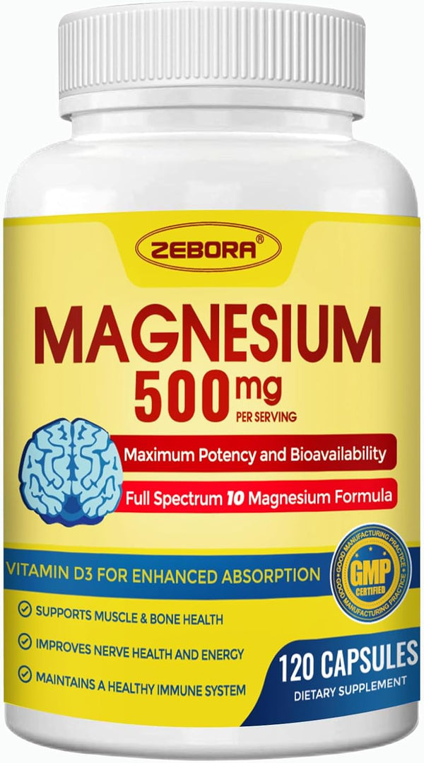 Magnesium Complex Supplement 500mg, 10 in 1 - Magnesium Glycinate, Citrate, Malate, Plus More with Vitamin D3 & Zinc