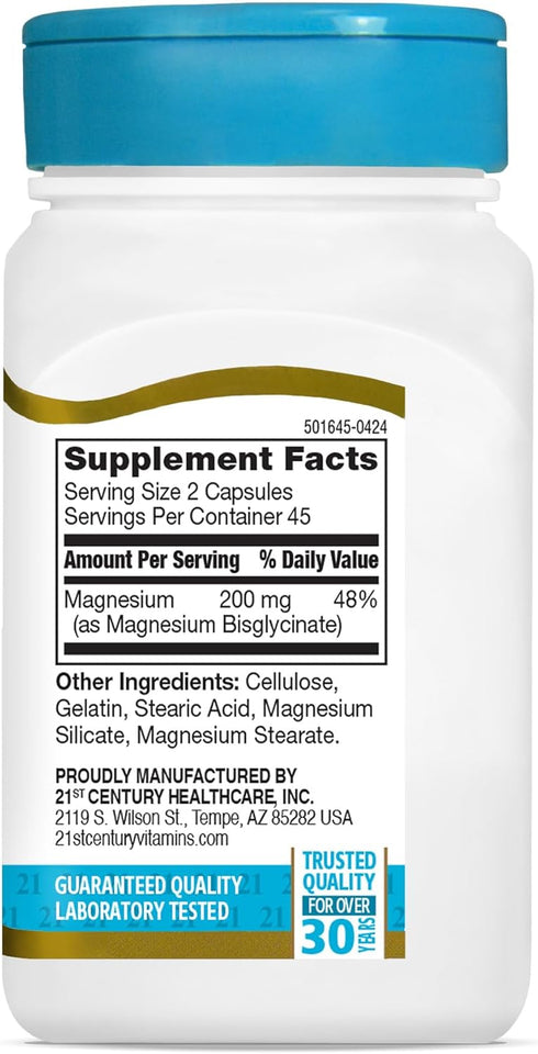 21st Century Magnesium Glycinate 200 mg Capsules, 90 Count per Serving
