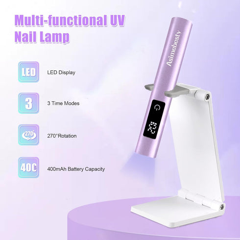 UV Light for Gel Nails, Mini UV Nail Lamp Hand held with Stand, Portable Small Nail Dryer Light for Gel Polish with 3 Timers, Rechargeable Cordless UV Light Nail for Fast Curing, Violet
