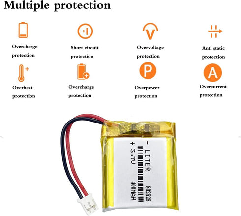 Liter energy battery 3.7V 802525 400mAh Pack 2.0mm Lithium Polymer ion Battery Rechargeable Polymer Battery with JST