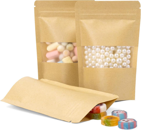 Resealable Bags 200 Packs Coffee Bags, Packaging Bags for Small Business, Stand Up Pouches with Window, Kraft Paper Bags