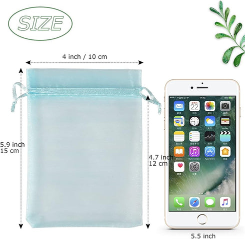 HRX Package 100pcs Organza Favor Bags 4 x 6 inch, Light Blue Mesh Drawstring Sheer Jewelry Pouches for Baby Shower Party