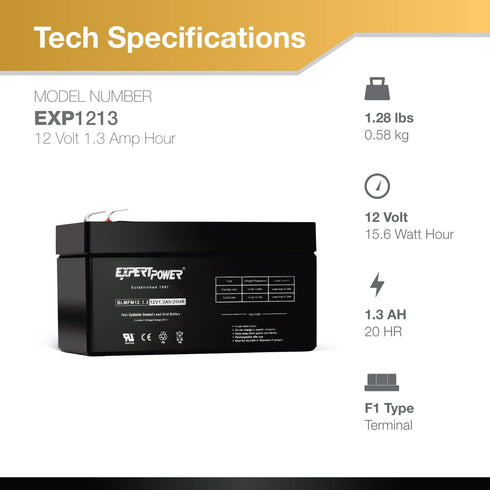 ExpertPower 12v 1.3Ah SLA Rechargeable Battery with F1 Terminals || EXP1213 (Not a Replacement for WP3_12) by ExpertPower