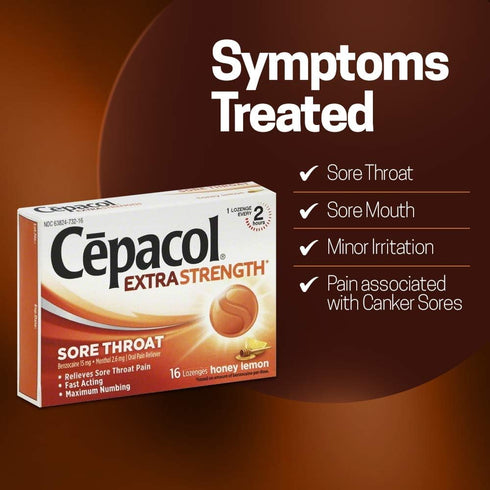 Cepacol Extra Strength Sore Throat Relief Lozenges, Honey Lemon Cough Drops, 16 Count
