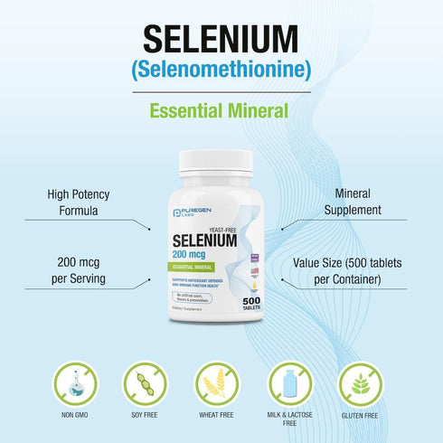 Puregen Labs Selenium 200 mcg Yeast Free Essential Mineral - 500 Vegetarian Tablets for Immune & Antioxidant Support,