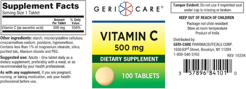 GeriCare Vitamin C 500 mg, Antioxidant, Immune System Support, Nutritional Supplement Tablets, 100 Count (Pack of 1)