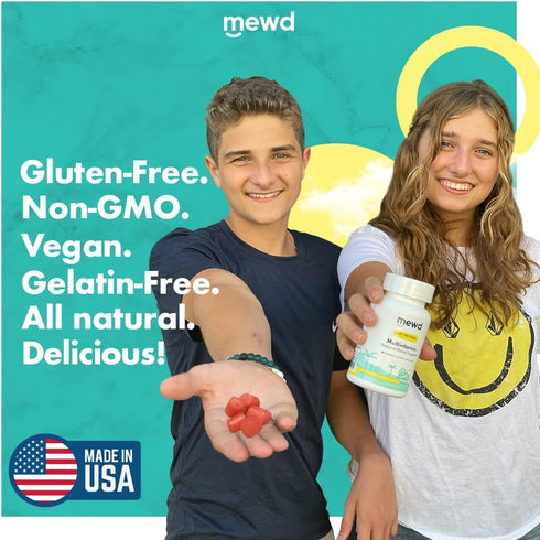 Gummies D3, B6, B9 B12, Immune MEWD Teen and Kids Mood Support Multivitamin - Natural Focus & Calm with L-Theanine