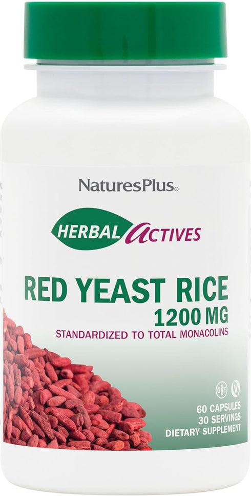 Natures Plus Herbal Actives Red Yeast Rice - 1200 mg, 60 Vegan Capsules - Cholesterol Support