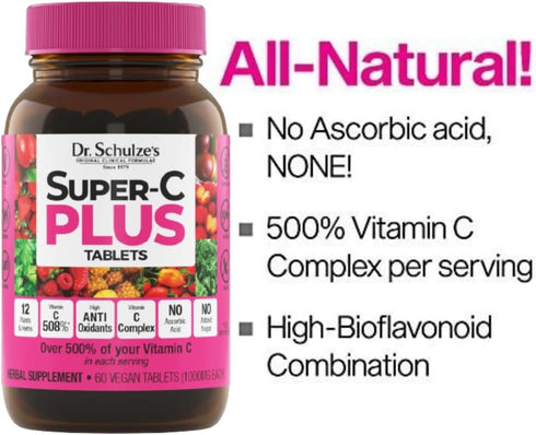 Dr. Schulze's Super-C Plus | Vitamin C Complex | Clinical Herbal Formula | 60 Chewable Tablets for Immunity Support