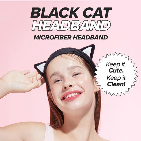 I DEW CARE Face Wash Headband - Black Cat | Adorable Design for Washing & Cleansing, Quick Dry