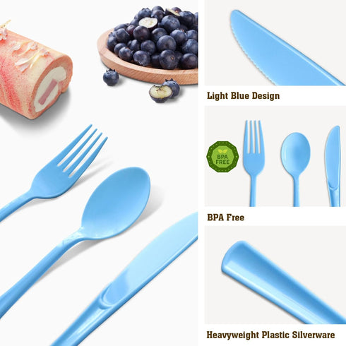 150 Pack Light Blue Plastic Silverware, Heavy Duty Utensils, 50 Forks, 50 Knives, 50 Spoons for Birthday Wedding Baby