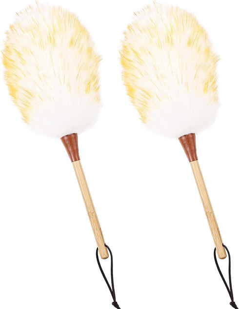 Lambswool Duster (2PCS) - 15.9 Inch Handheld Wooden Wool Duster for Cleaning Windows, Blinds, and Furniture