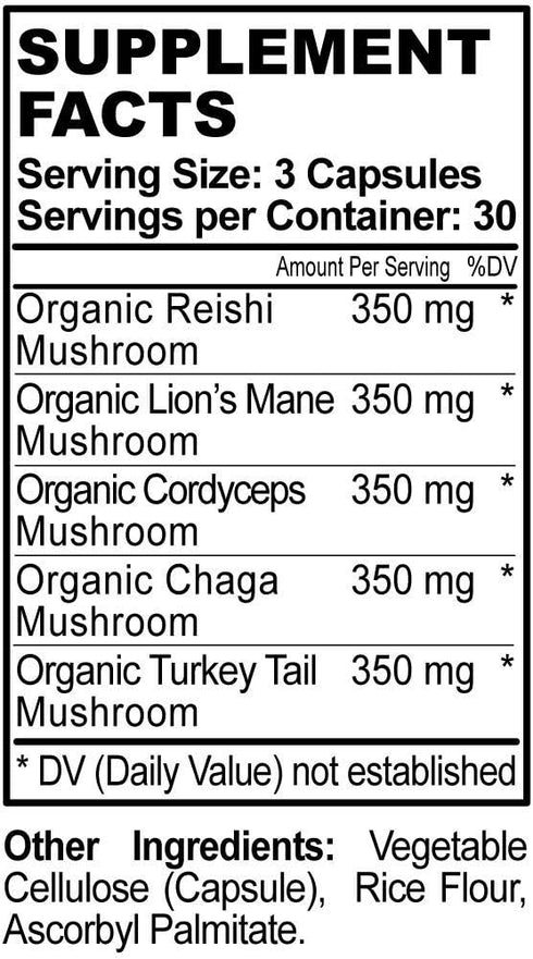 5 Mushrooms Reserve Blend Supplement - Lions Mane, Turkey Tail, Reishi, Chaga, Cordyceps