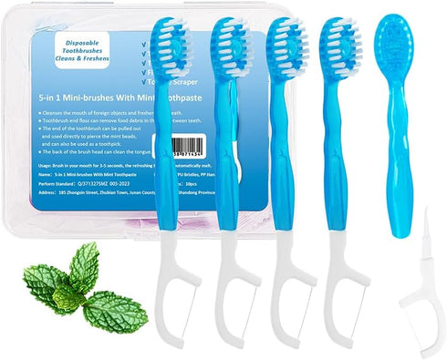 Mini Disposable Toothbrushes with Toothpaste, 5 in 1 Travel Portable Toothbrush, Peppermint, 24 Count